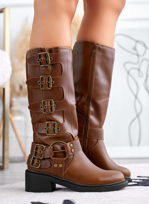 Camel biker boots with buckles