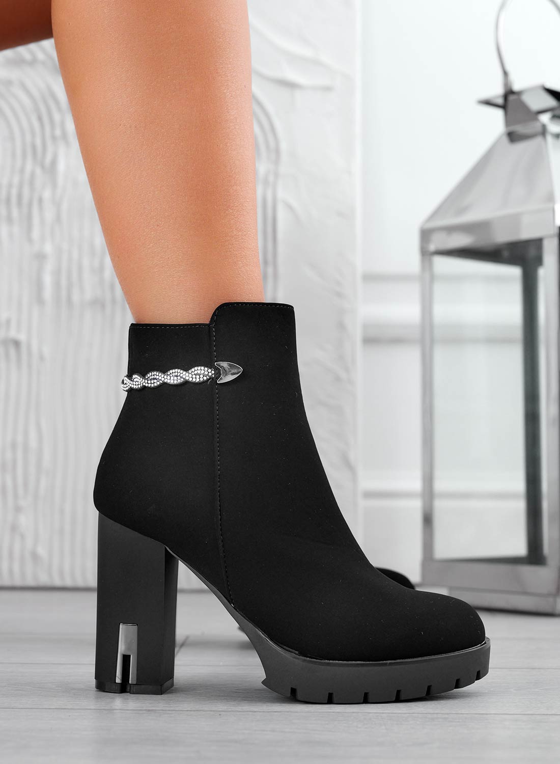 HERA - Black ankle boots with 10 cm heel and jewel accessory