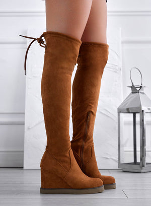 LESLIE - Camel suede over-the-knee wedge boots