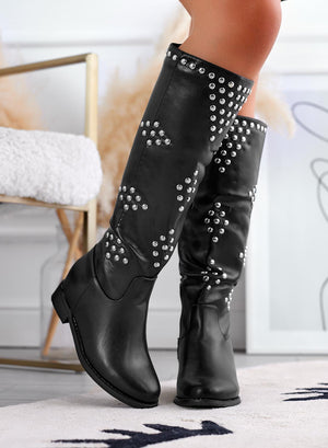Black faux leather boots with studs