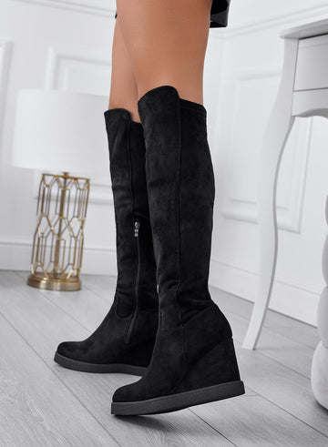 OWEN - Black suede over-the-knee wedge boots