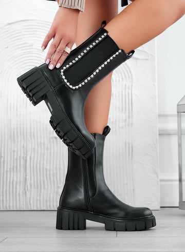 JASPER - Black ankle boots with elastic and jeweled strap