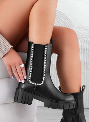 JASPER - Black ankle boots with elastic and jeweled strap
