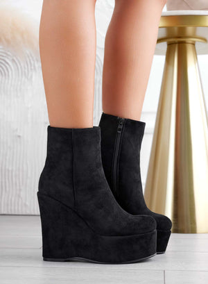 Black suede ankle boots with wedge heel