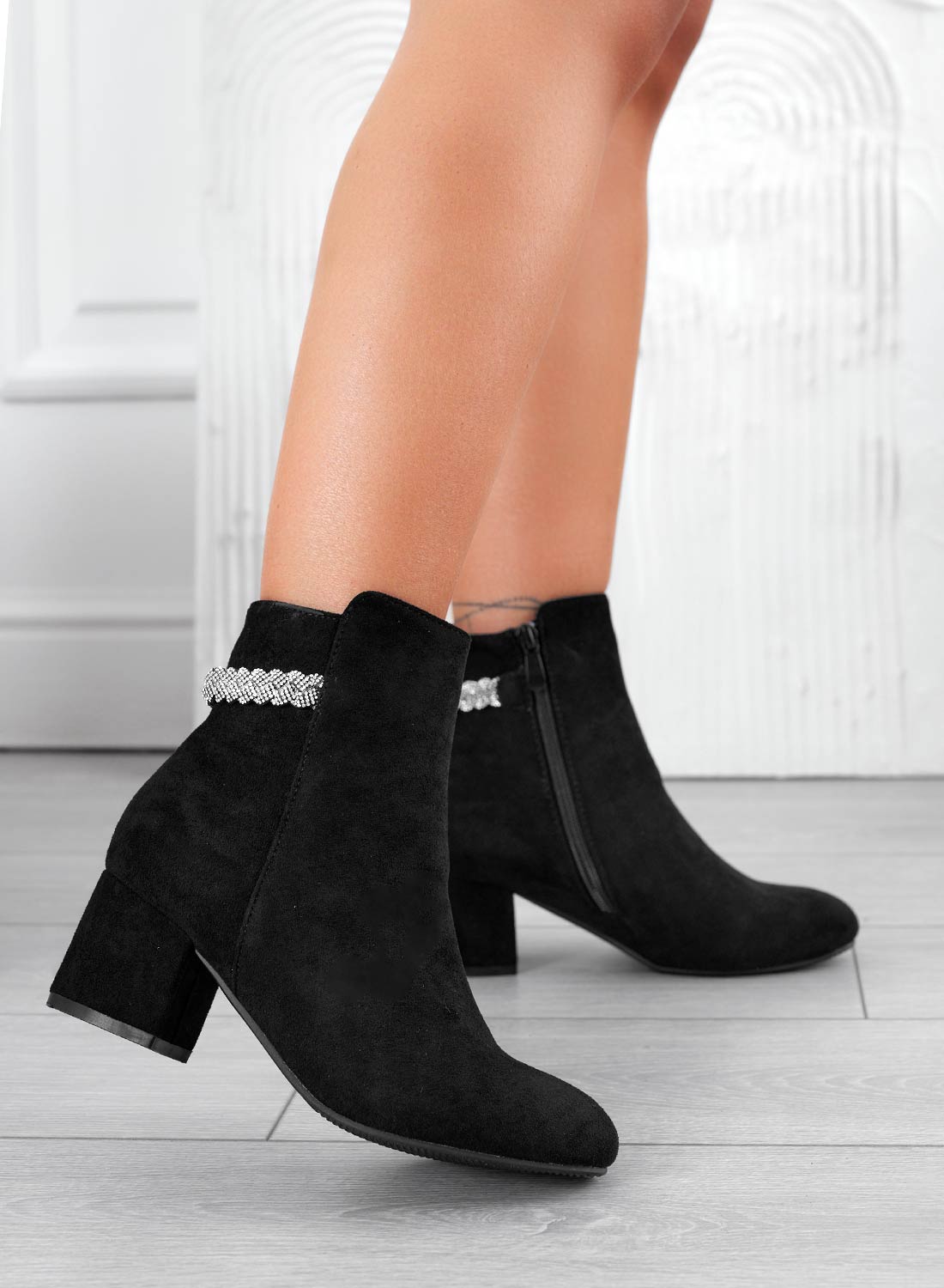 AZAR - Black ankle boots with rhinestone strap