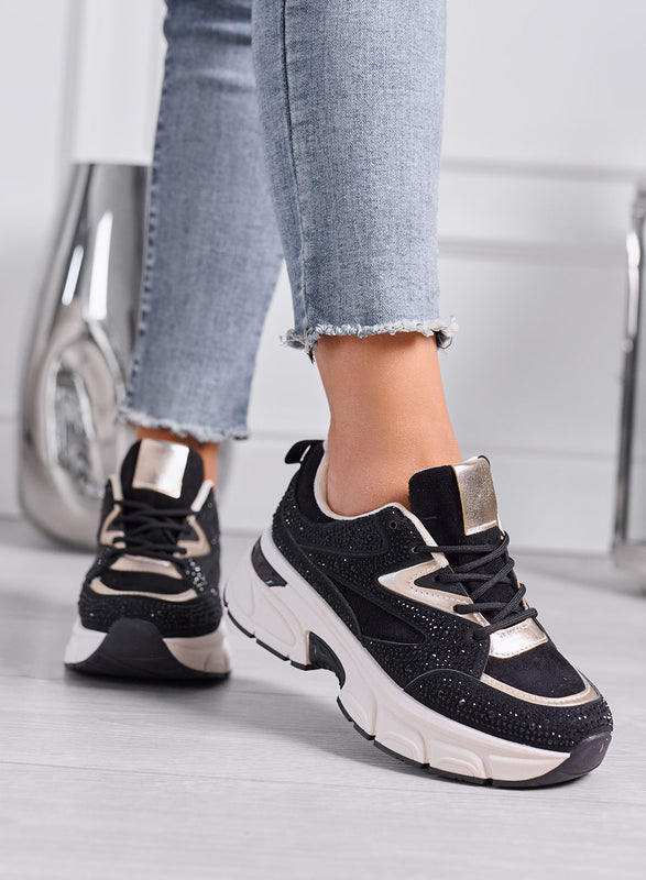 LOGAN - Sneakers Donna Nere e Oro con Strass e Suola Chunky