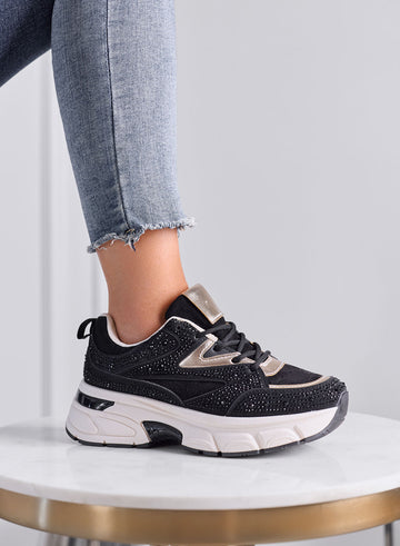 LOGAN - Sneakers Donna Nere e Oro con Strass e Suola Chunky