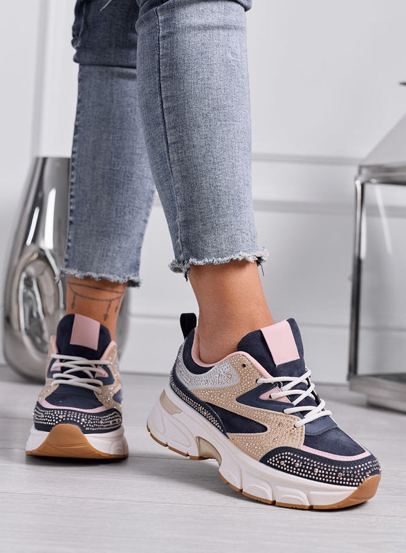 LOGAN - Sneakers Donna Blu e Rosa con Strass e Suola Chunky