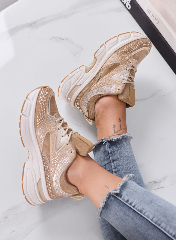LOGAN - Sneakers Donna fango e beige con Strass e Suola Chunky