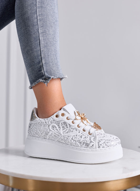 HOPE - Sneakers Donna Bianche in Pizzo con Applicazioni Floreali Oro