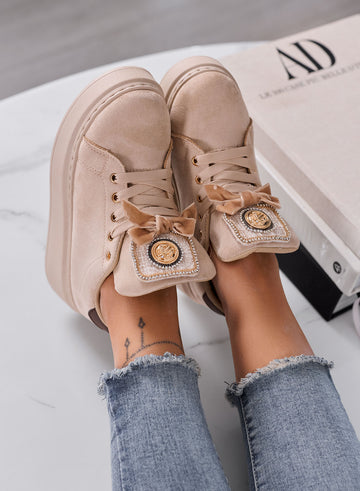 HANNA - Sneakers Donna Platform Beige in Camoscio con Dettagli Oro