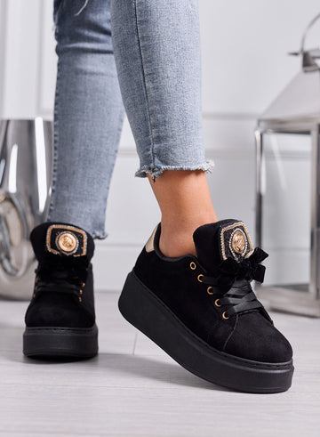 HANNA - Sneakers Donna Nere Platform in Camoscio con Dettagli Oro