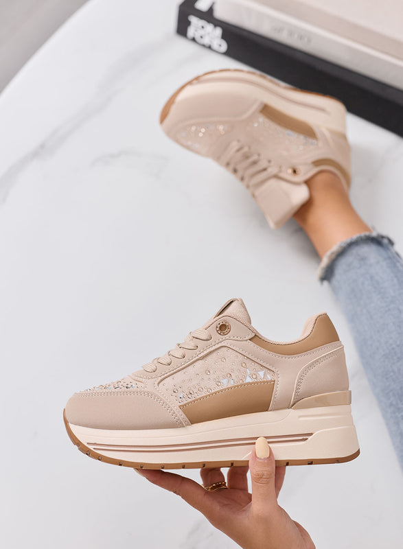 ELEONORA - Sneakers Platform Donna Beige con Strass
