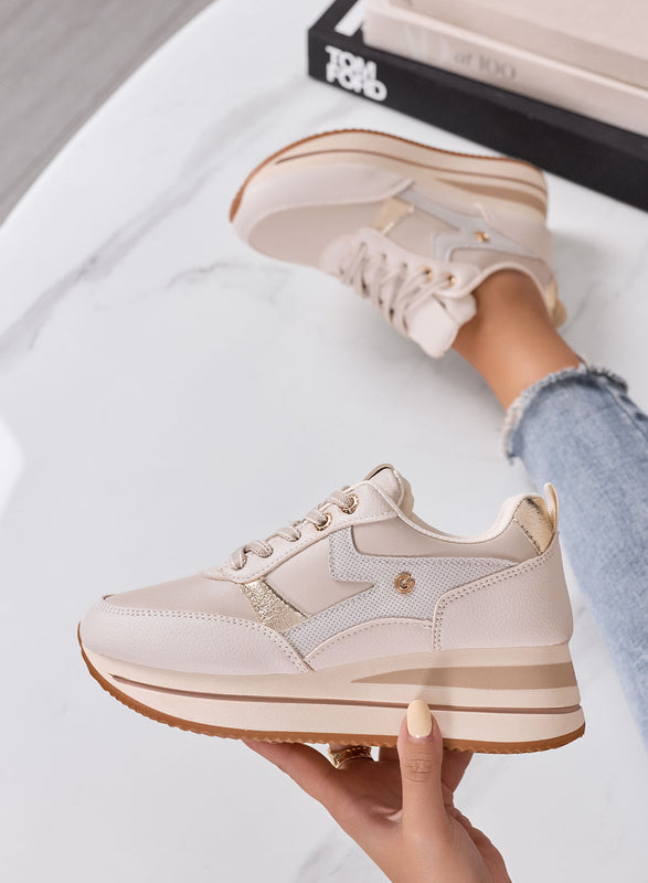 GABRIEL - Sneakers Donna Beige Platform con Dettagli Oro