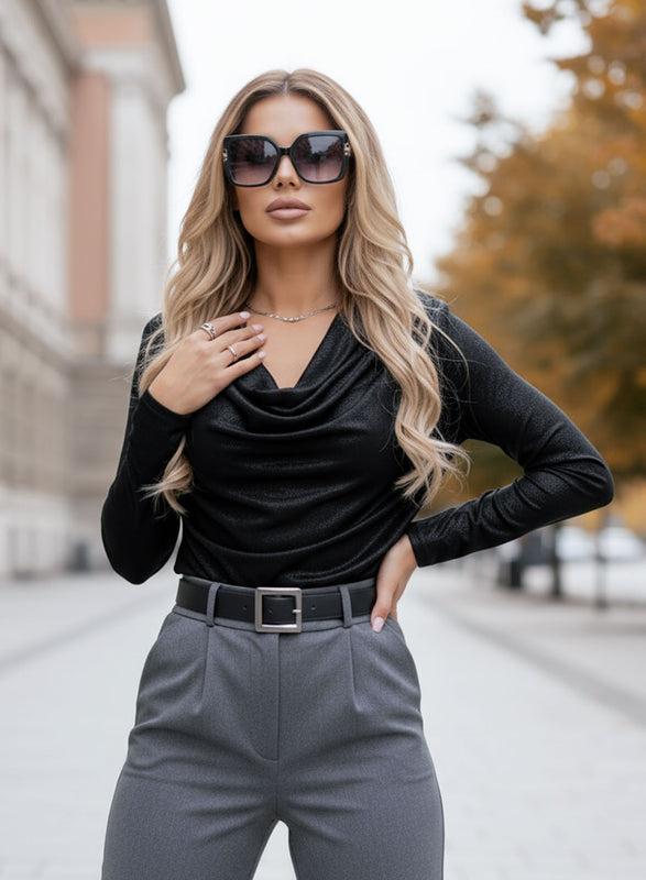 Black metallic top with soft neckline