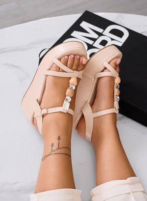 LEON - Beige wedge sandals with straps and jeweled stones
