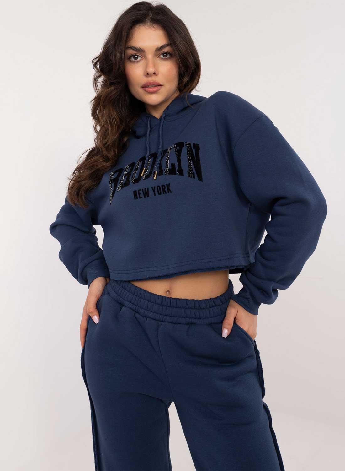 Blue two-piece fleece tracksuit with "Brooklyn" print