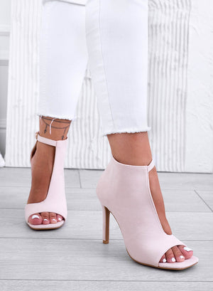 Beige peep-toe ankle boots with high heel