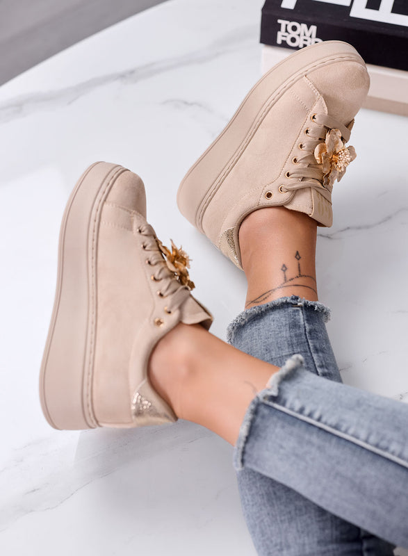 IVON - Sneakers platform beige con Fiore Decorativo