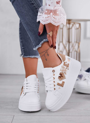 MIRTA - White sneakers with mud-colored heel and "love" inscription