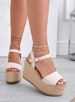 SERENITY - Beige wedge sandals with ankle strap