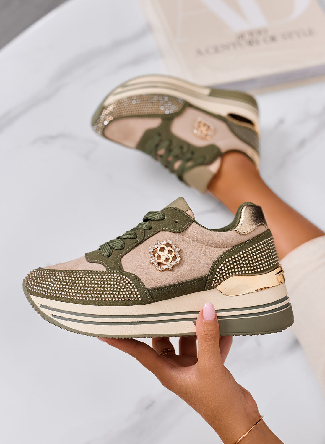 XIOMARA - Sneakers verdi platform con inserti oro e strass
