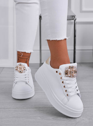 SOPHIE - White sneakers with jewel detail and gold heel