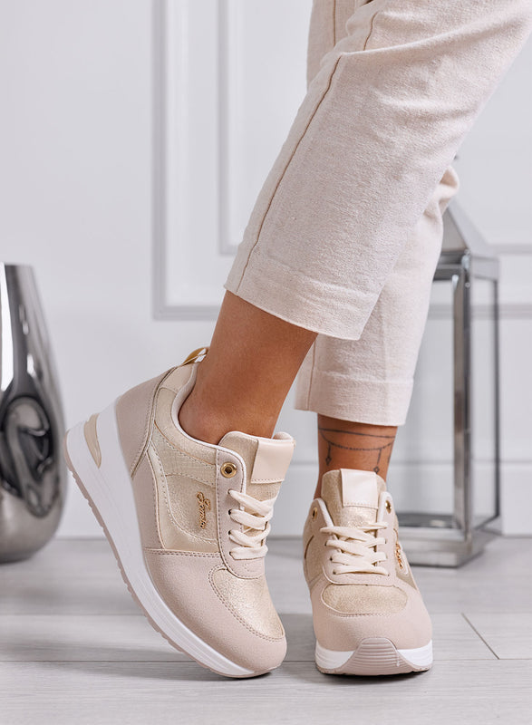 HOLLY - Sneakers Donna beige con Zeppa e Dettagli oro