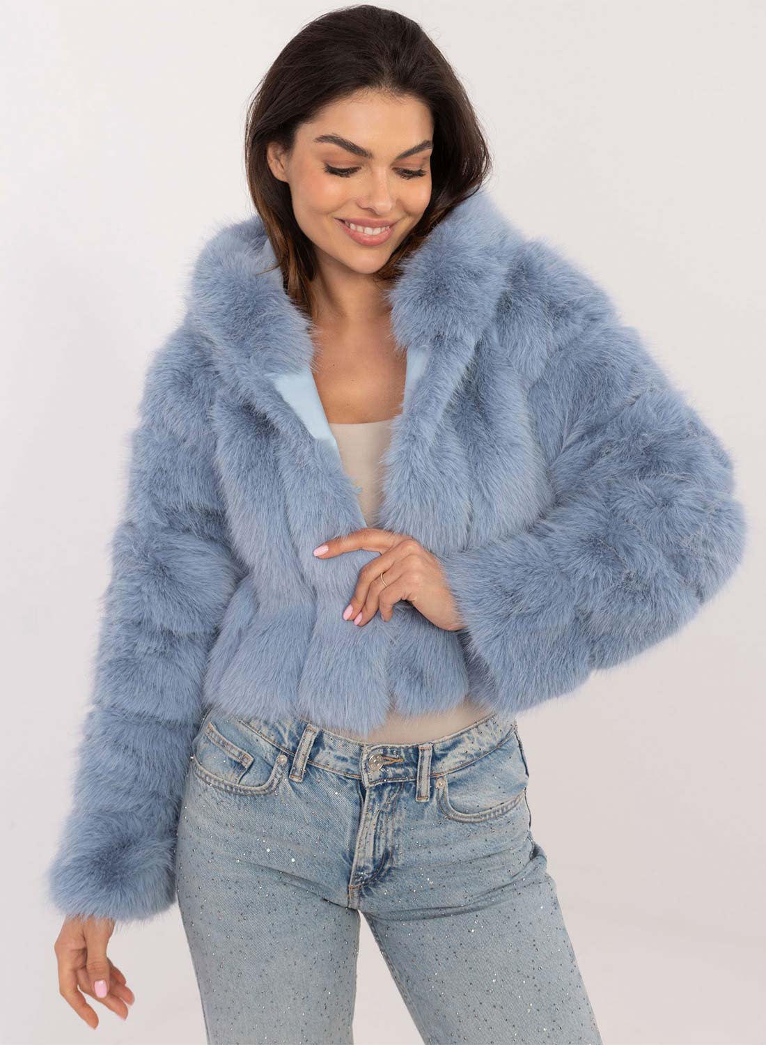 Short faux fur jacket with long blue hair and hood