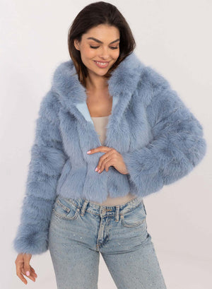 Short faux fur jacket with long blue hair and hood