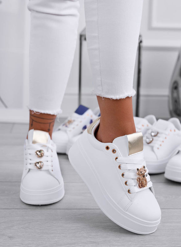 ENERGY - Sneakers bianche con gatto gioiello e retro oro