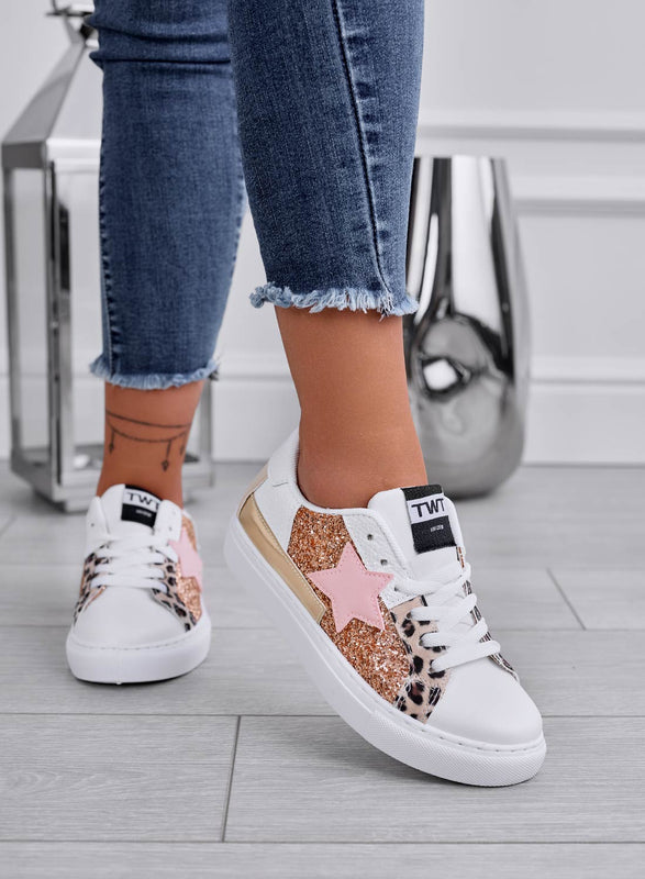 ETHEL - Sneakers bianche con stella e inserti glitter oro rosa