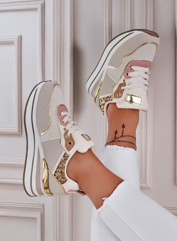 VALDA - Beige sneakers with gold glitter inserts