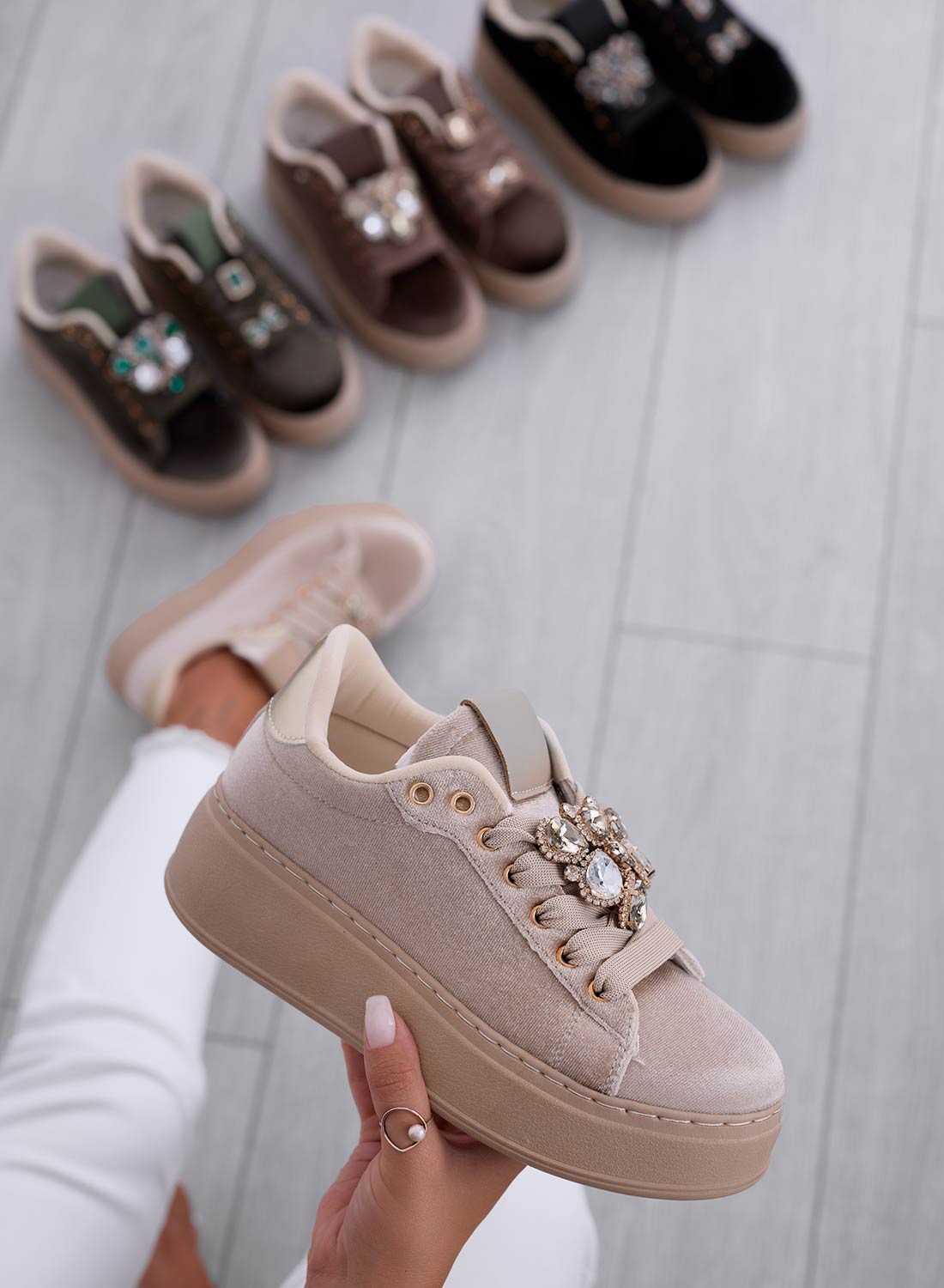 MILA - Beige velvet sneakers with jewel embellishment