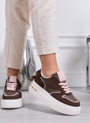 VERONICA - Sneakers marroni Platform con Cuciture a Contrasto rosa
