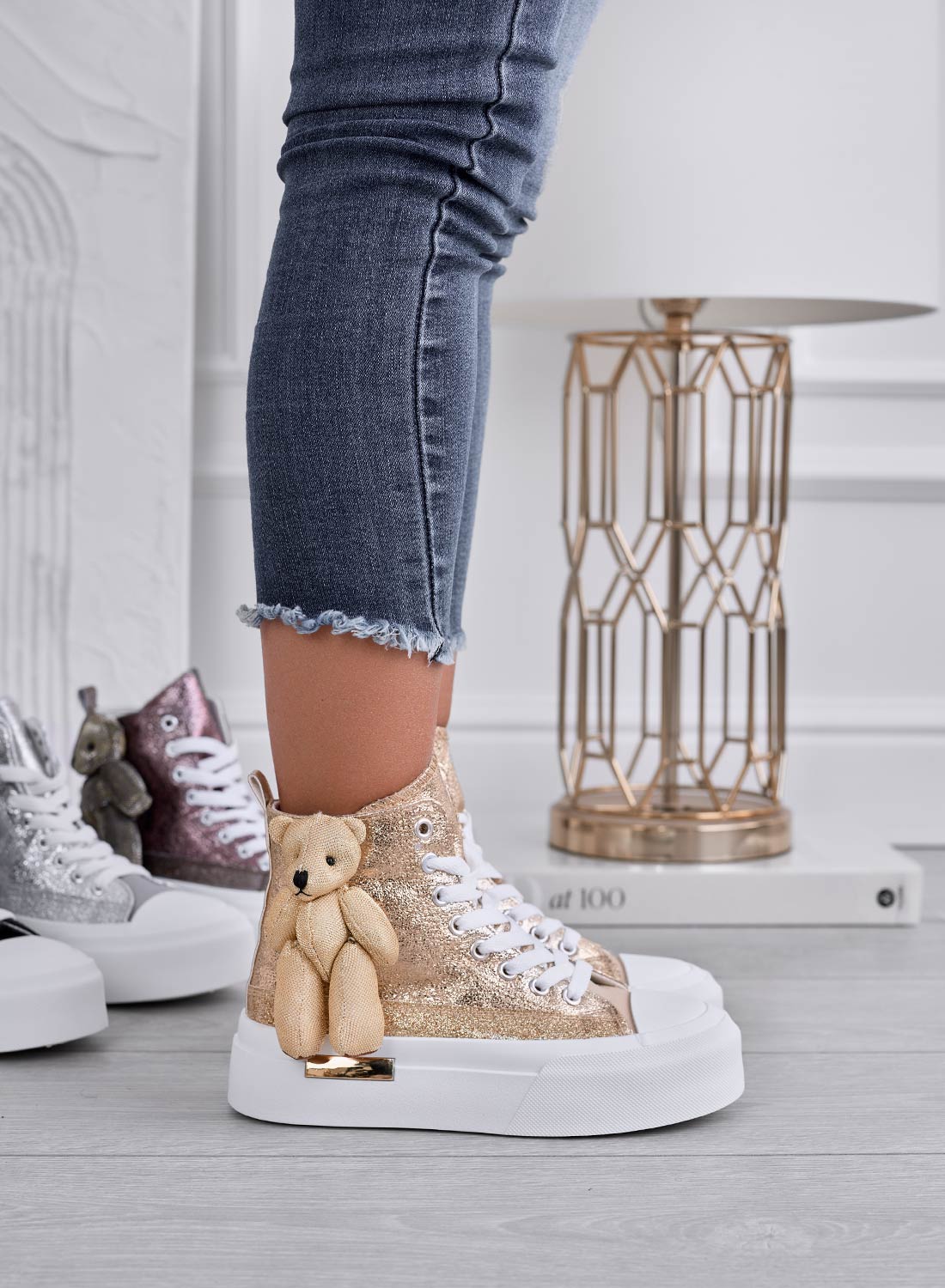 MARICA - Gold laminated sneakers with teddy plush