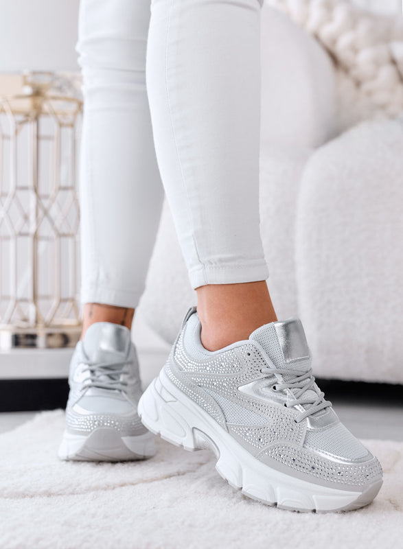 MARTINA - Sneakers grigie  con Strass e Suola  Platform Chunky