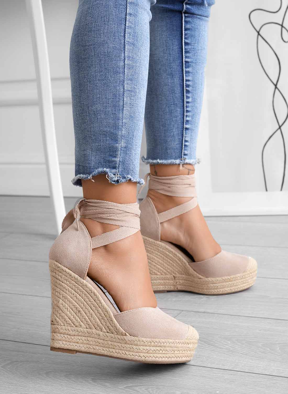 AMBRA - Espadrilles Alexoo beiges avec semelle compensée en corde et lacet