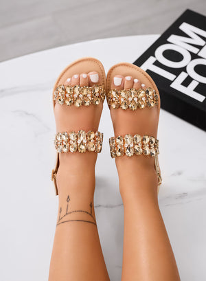 YASMINE - Low Gold Sandals with Jewel Stones and Strap