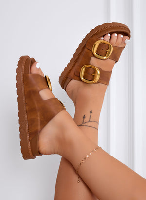 GINGER - Camel Platform Sandals with Gold Buckles