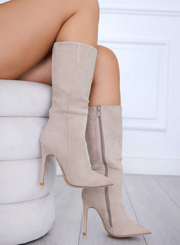 ALFIE - Beige suede boots with high stiletto heel