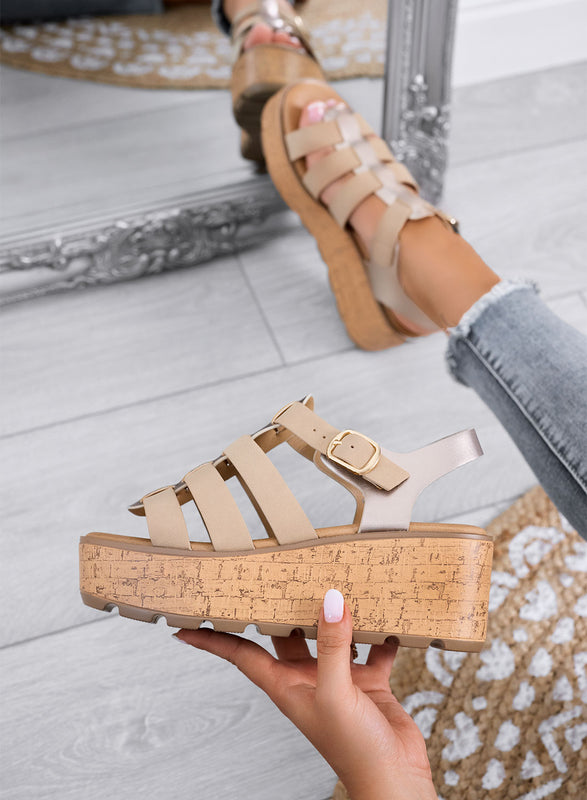 MATILDE - Sandali beige con zeppa platform effetto sughero