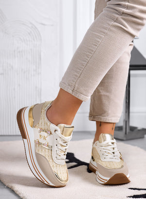 ASIA - Beige sneakers with gold laminated fabric inserts