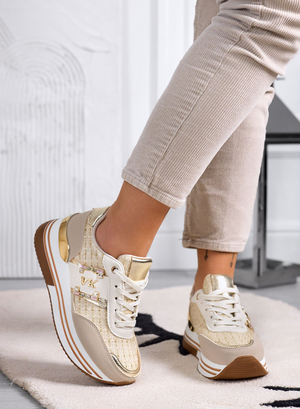 ASIA - Sneakers beige con inserti in tessuto laminato oro