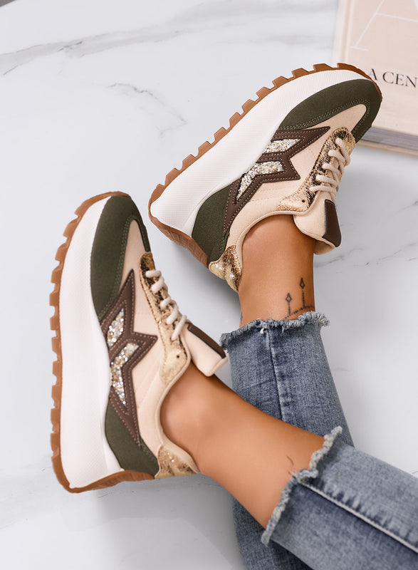 CLARISSA - Sneakers beige e verdi con dettaglio glitter e suola spessa