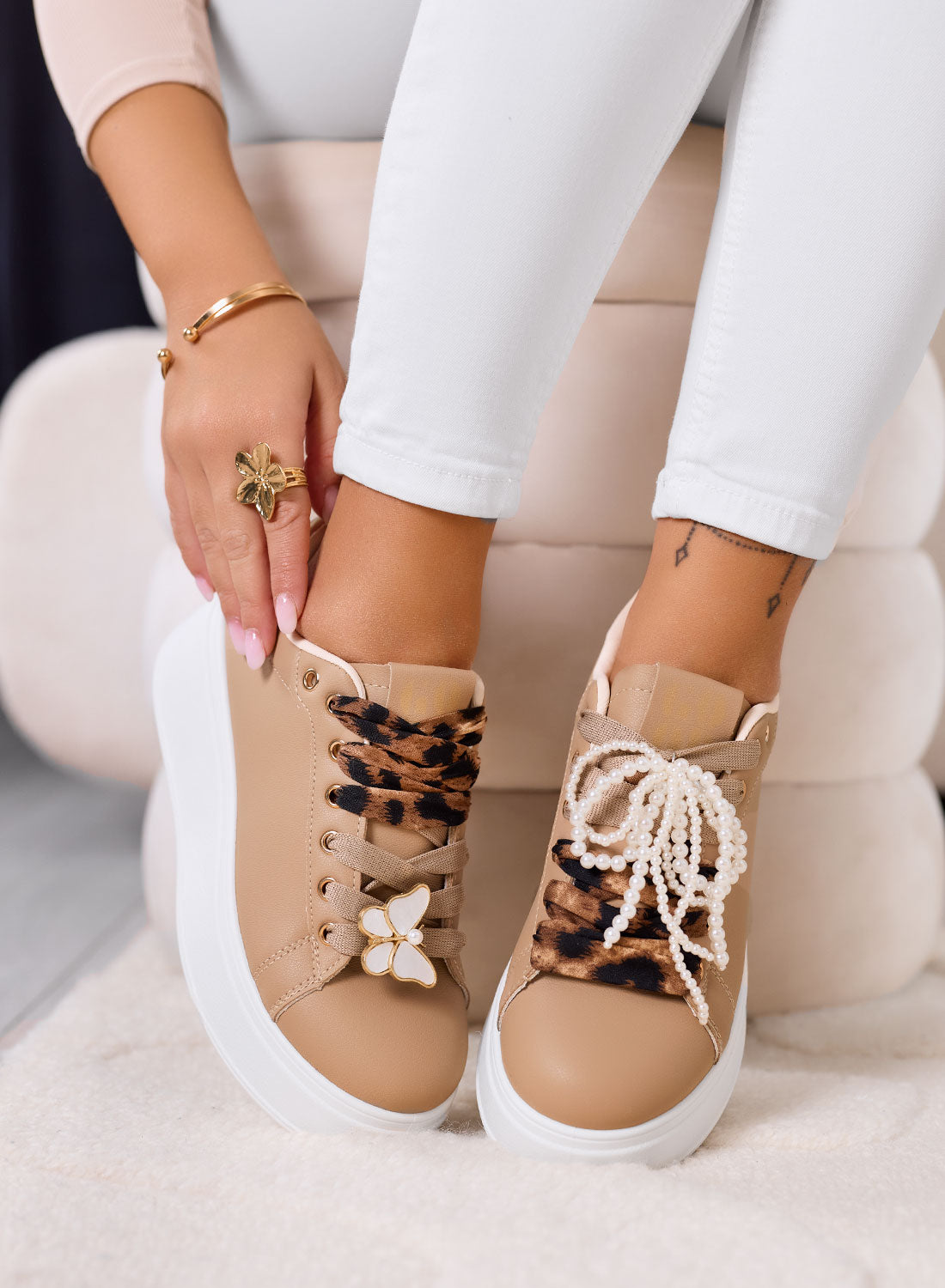 LAURA - Mud platform sneakers with animal print laces and jewel details