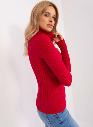 Ribbed red turtleneck sweater