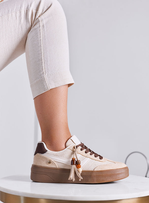 NASTIA - Sneakers Donna beige Scamosciate con Nappine e Perline