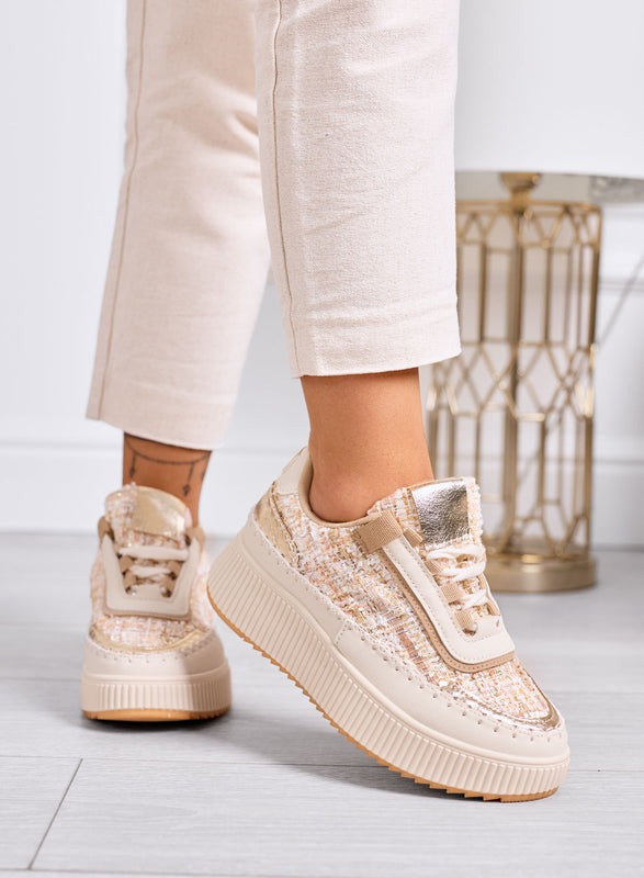 DAFNE - Sneakers beige platform in tweed fango con dettagli oro