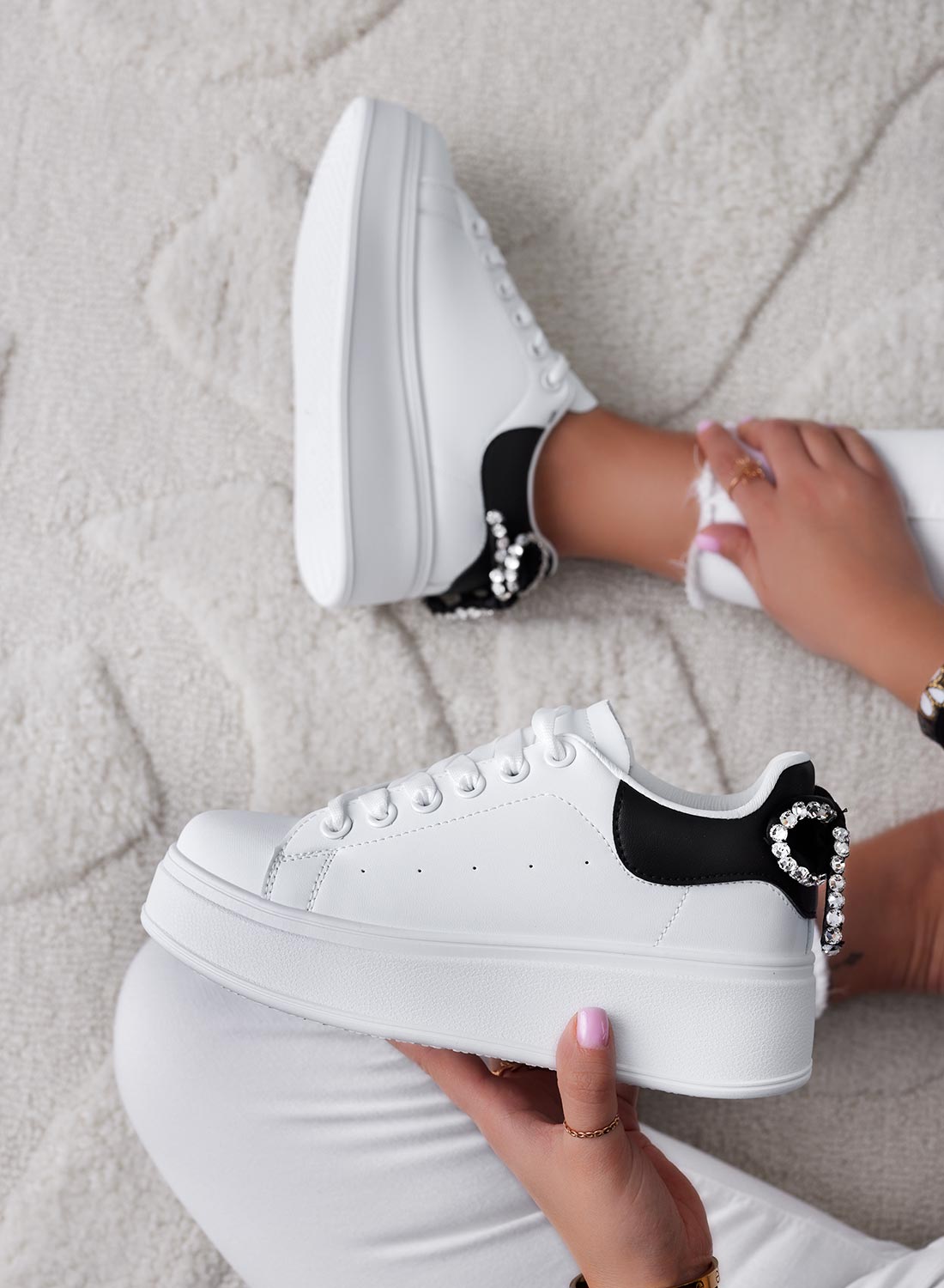 MILE - White sneakers with thick sole, rhinestone bow, and black back